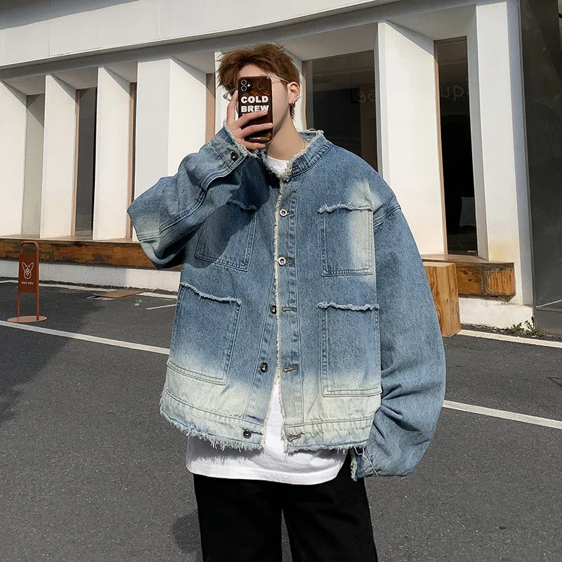 Mens Fashion Denim Jacket - Amerikanische Retro Hip-Hop Raw-Edge Denim-Jacke für