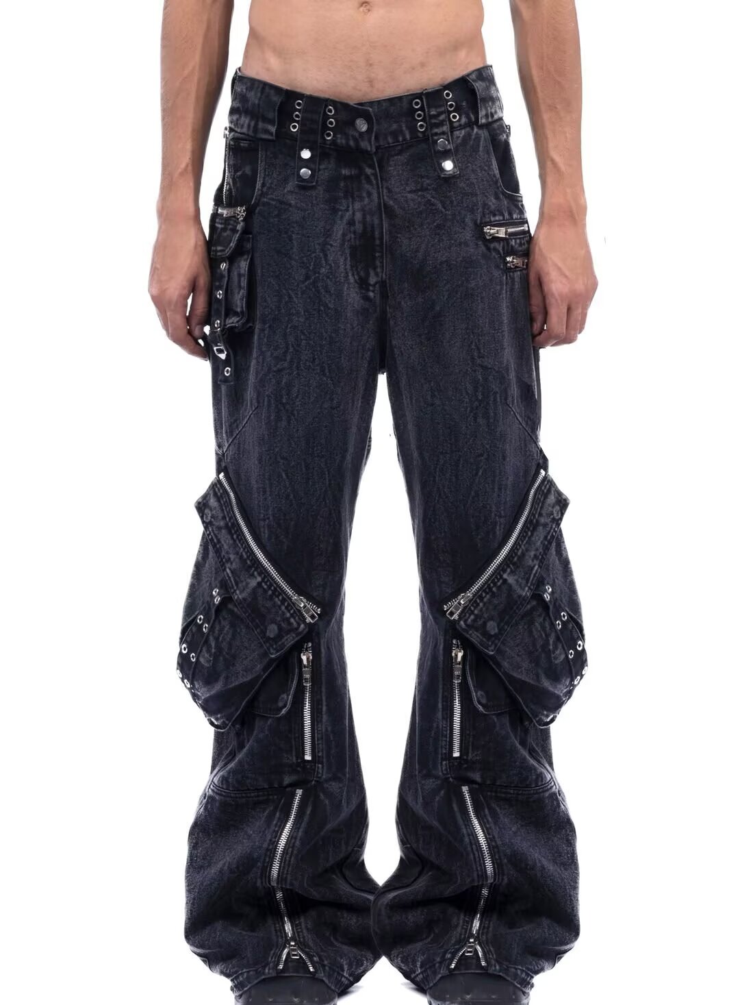 Men'S Fashion With Baggy Jeans - Y2K Schwarz Gothic Punk Multi-Pocket Zipper