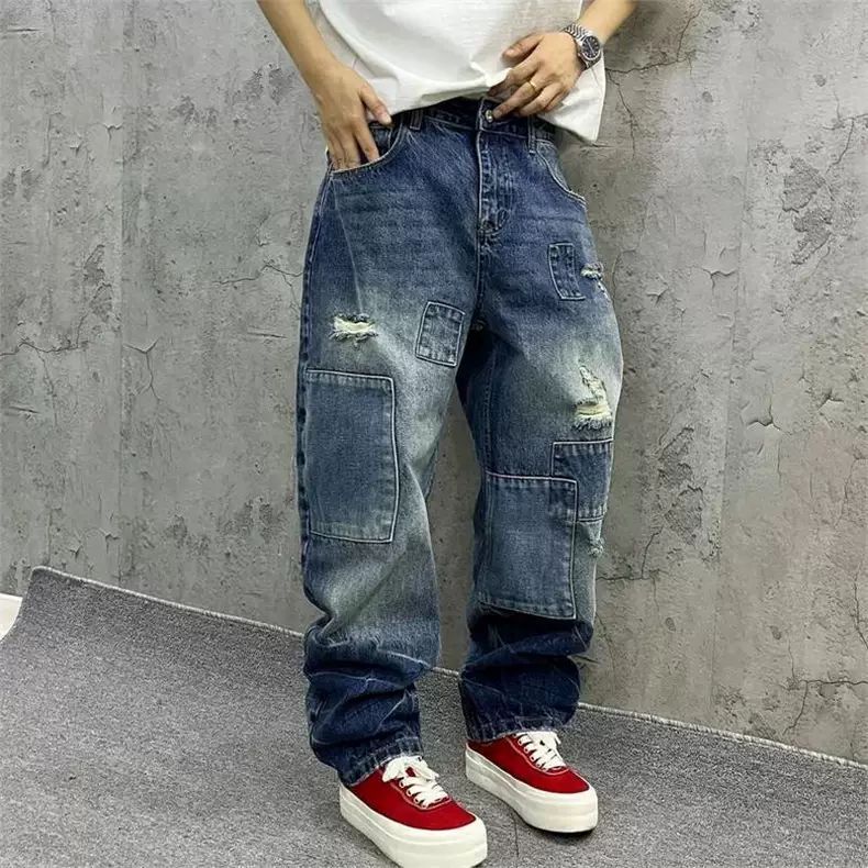 Men'S Fashion With Baggy Jeans - Marken-Splicing-Jeans Herbstmode Lose Gerade Haremshose Gewaschene