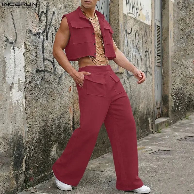 Men'S Fashion Looks - INCERUN Herren-Sets Einfarbiges Ärmelloses Crop-Top Hemd