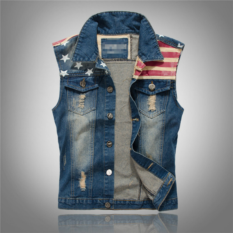Mens Fashion Denim Jacket - Streetwear Mode Sterne und Streifen Druck