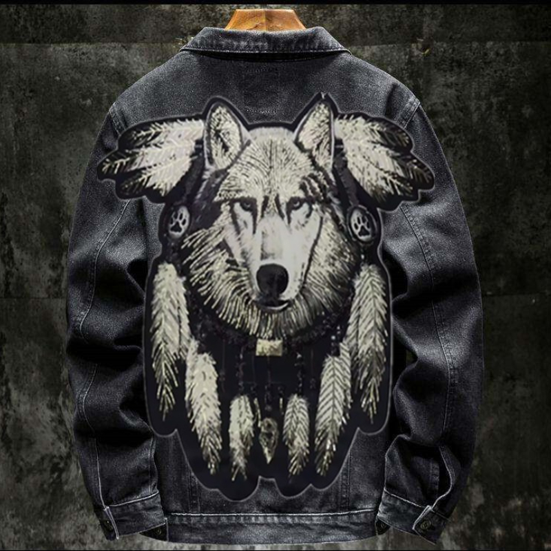Mens Fashion Denim Jacket - Amerika Vintage Schwere Wolf Gestickte Patch