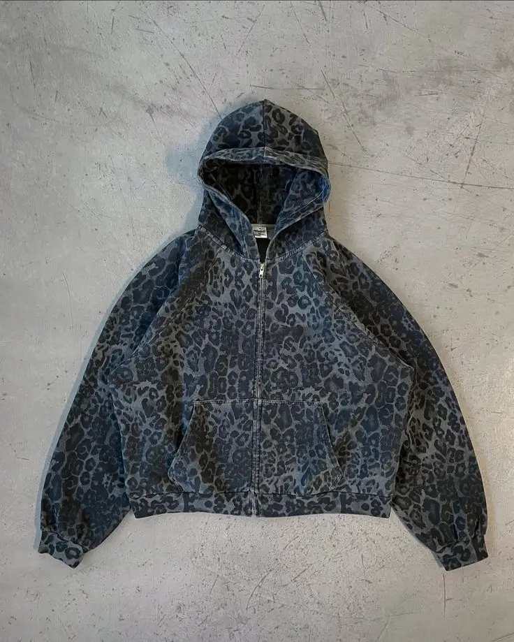 Retro Y2K Leopardenmuster Zipp – Mens Fashion Zip Up Hoodies Bewertung und Preis