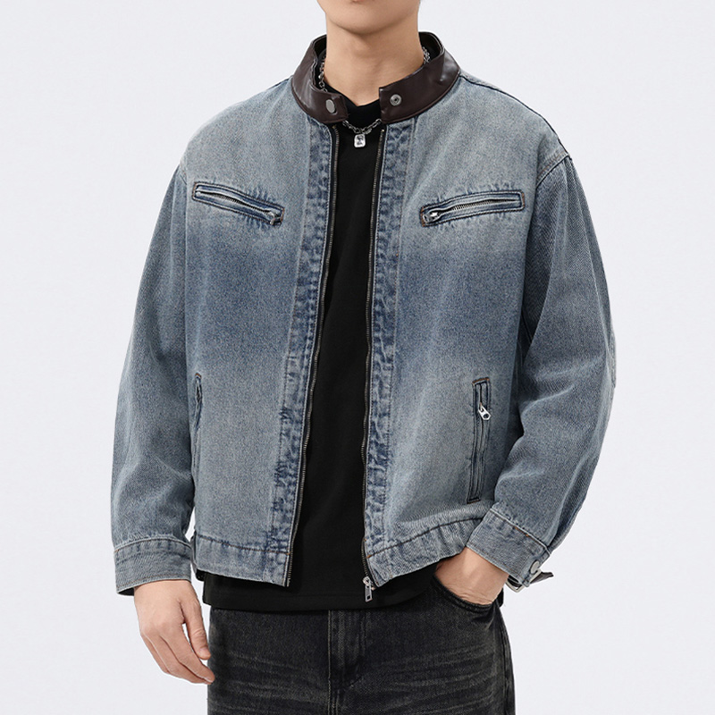 Herren Jeansjacke mit Lederkra – Mens Fashion Denim Jacket Bewertung und Preis