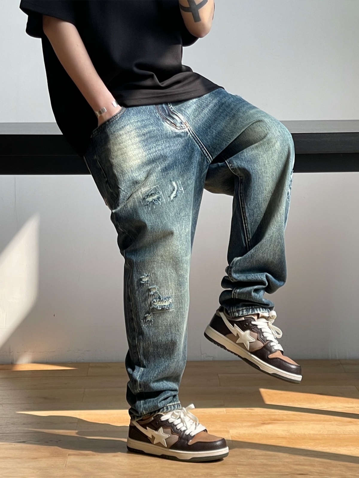 Koreanische Mode Zerrissene Ba – Men'S Fashion With Baggy Jeans Bewertung und Preis